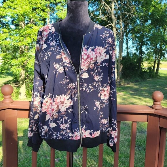 Tru Brand Ladies Multi Color Floral Bomber Zip up Jacket sz Large - Picture 1 of 12